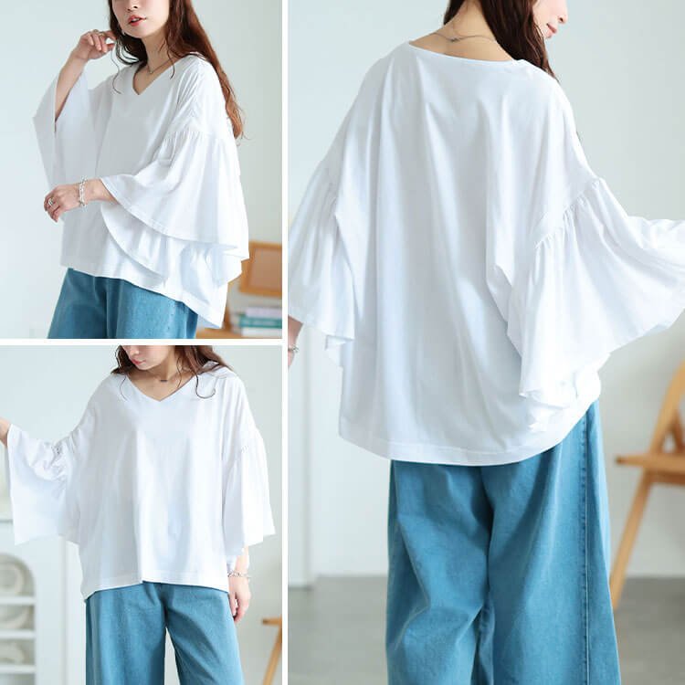 大きいサイズ レディース ギャザーフレアスリーブコットンプルオーバー