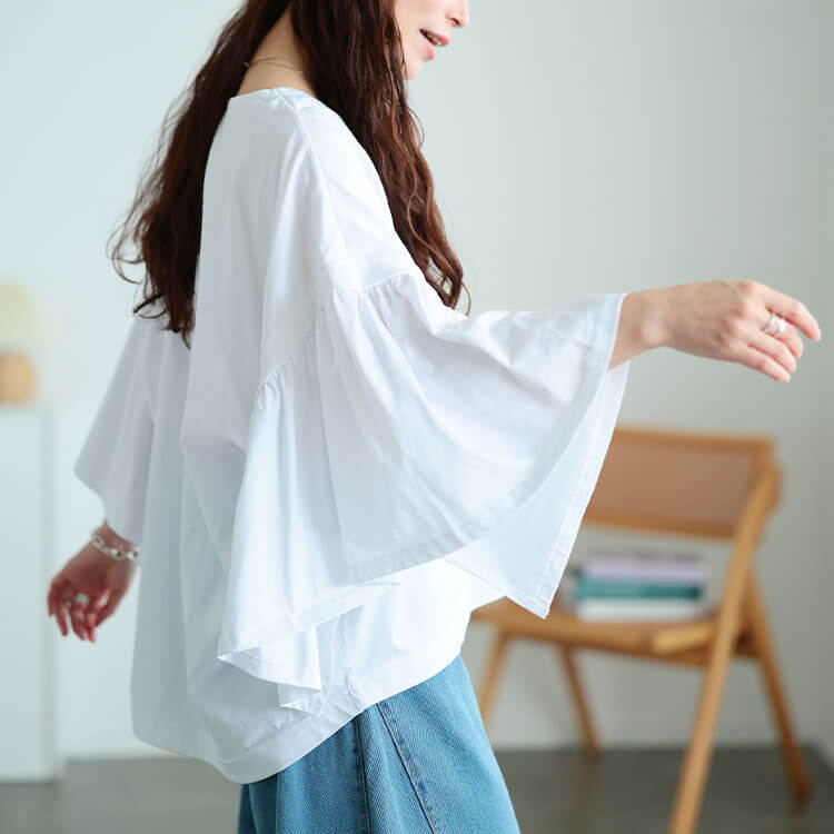 大きいサイズ レディース ギャザーフレアスリーブコットンプルオーバー