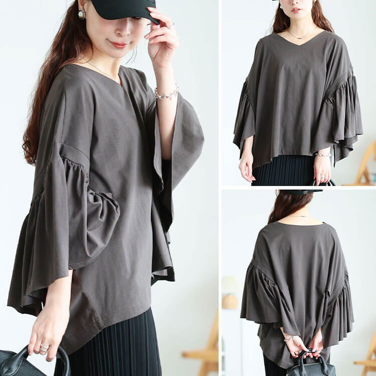 大きいサイズ レディース ギャザーフレアスリーブコットンプルオーバー