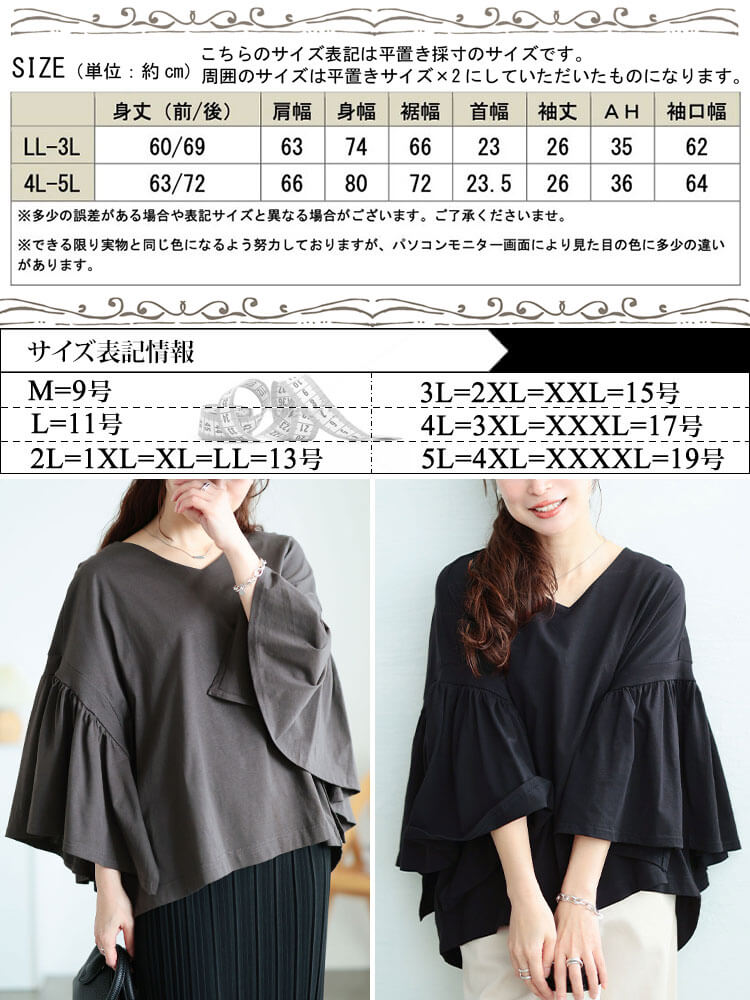 大きいサイズ レディース ギャザーフレアスリーブコットンプルオーバー