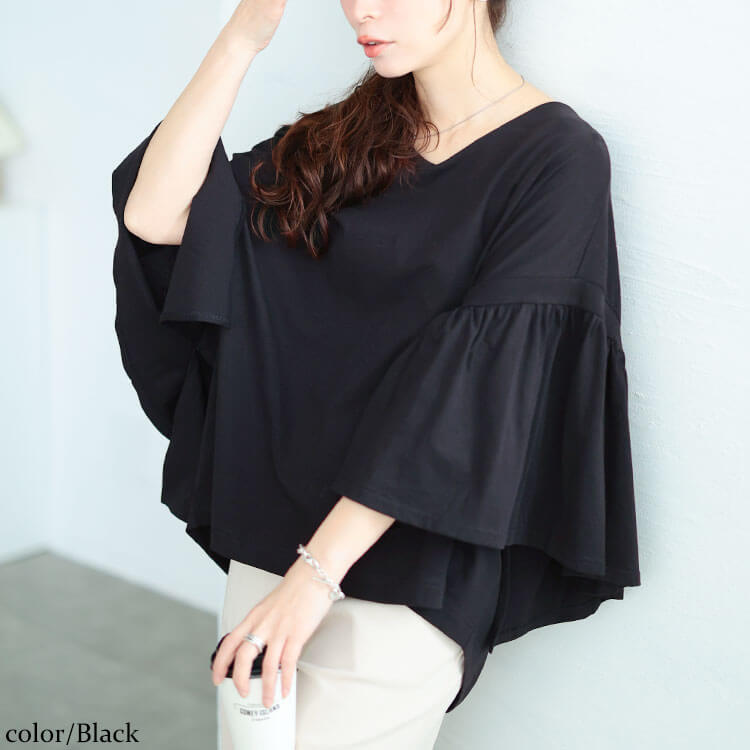 大きいサイズ レディース ギャザーフレアスリーブコットンプルオーバー ブラック