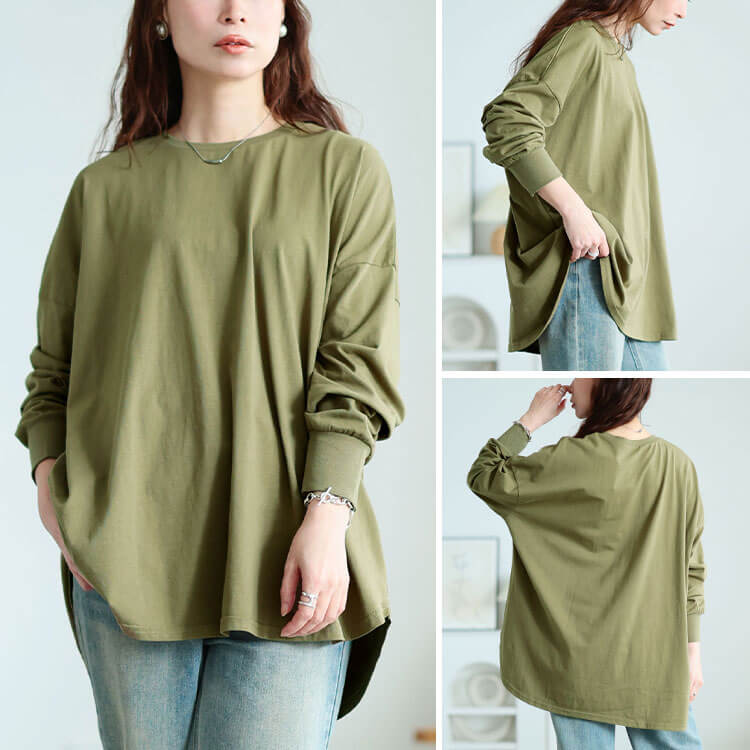 大きいサイズ レディース ラウンドヘムコットンプルオーバー