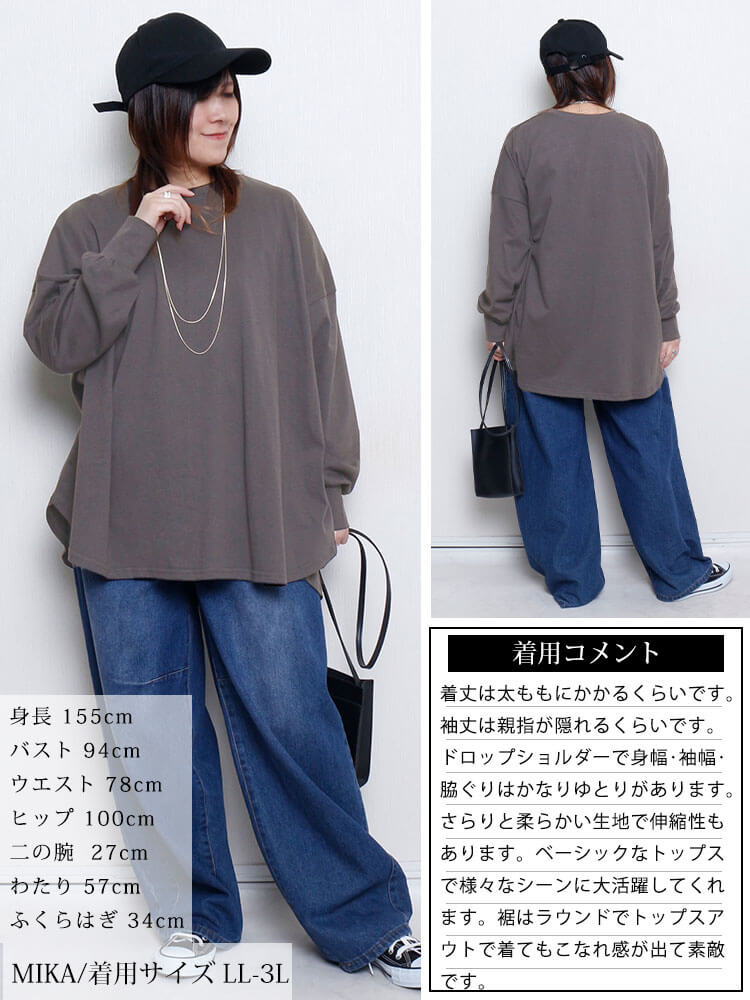 大きいサイズ レディース ラウンドヘムコットンプルオーバー