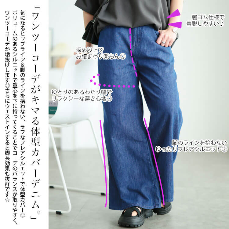 大きいサイズ レディース コットンスラブデニムフレアワイドパンツ