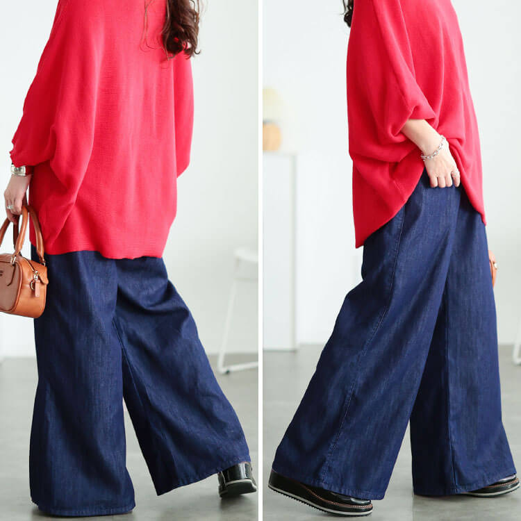 大きいサイズ レディース コットンスラブデニムフレアワイドパンツ