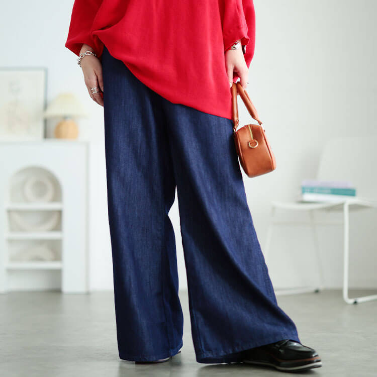 大きいサイズ レディース コットンスラブデニムフレアワイドパンツ