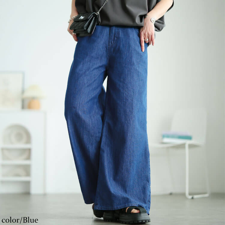 大きいサイズ レディース コットンスラブデニムフレアワイドパンツ