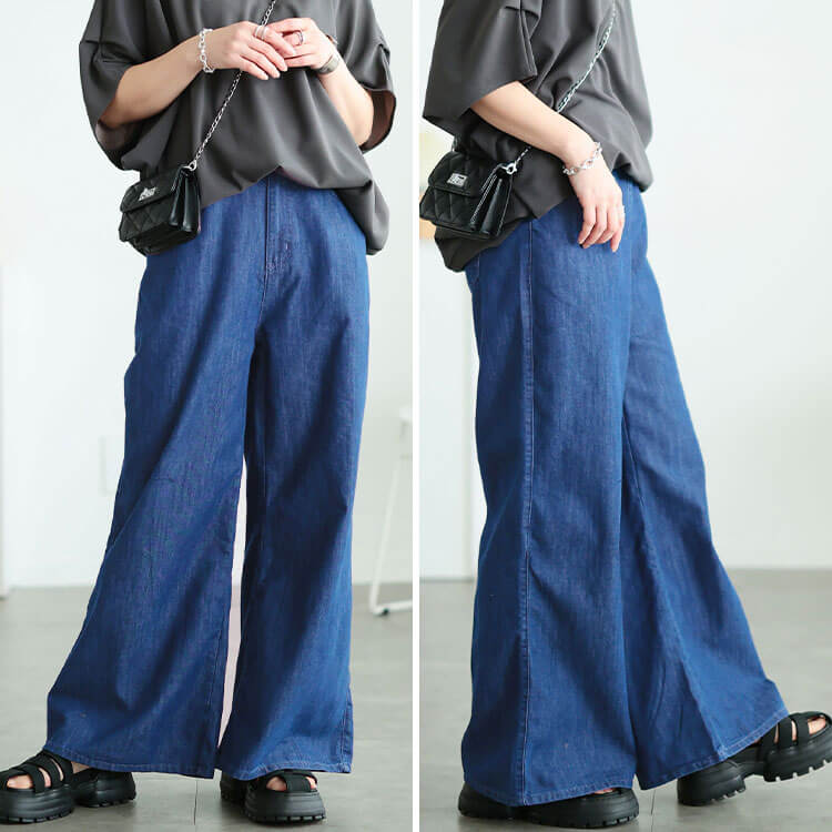 大きいサイズ レディース コットンスラブデニムフレアワイドパンツ