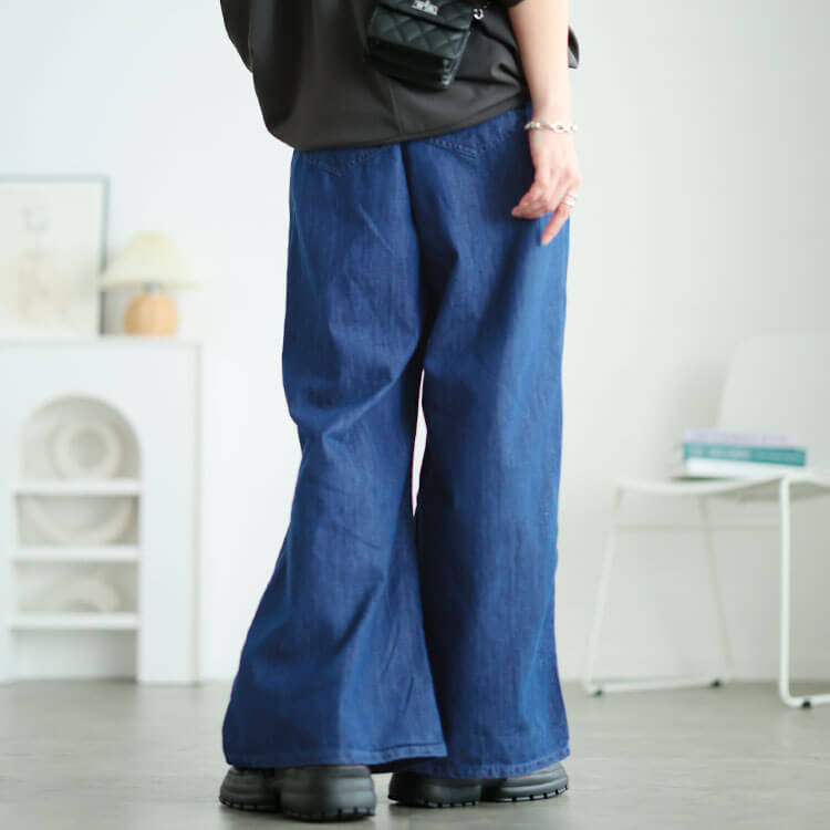 大きいサイズ レディース コットンスラブデニムフレアワイドパンツ