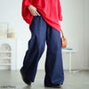 大きいサイズ レディース コットンスラブデニムフレアワイドパンツ ネイビー