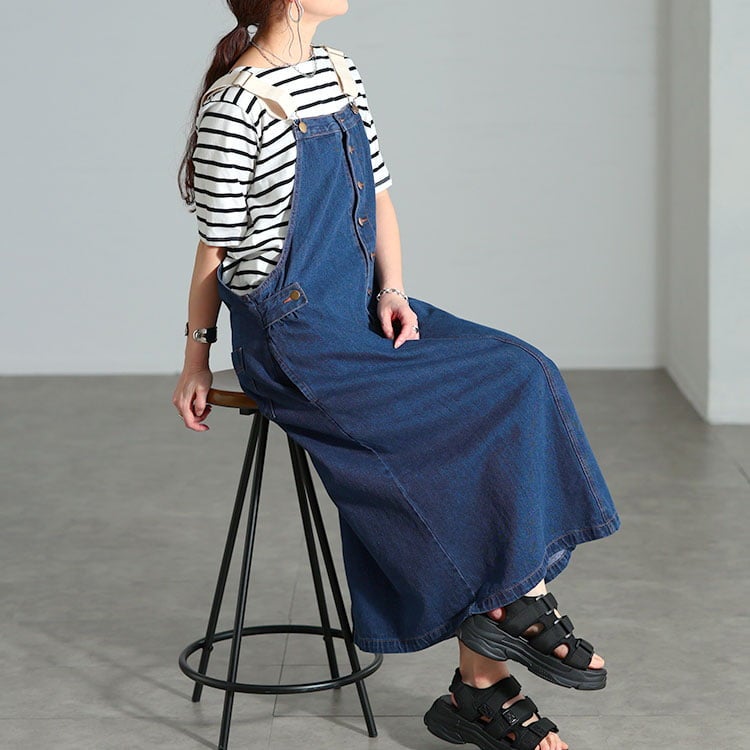大きいサイズ レディース 配色肩紐コットンデニムサロペットスカート