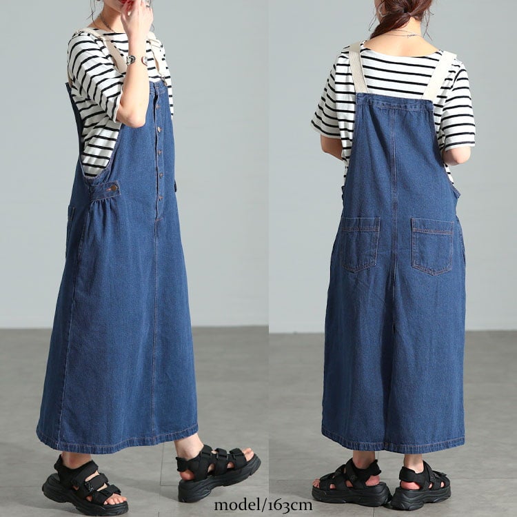 大きいサイズ レディース 配色肩紐コットンデニムサロペットスカート