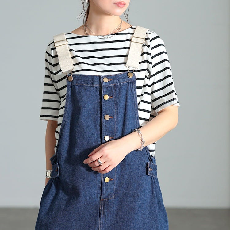 大きいサイズ レディース 配色肩紐コットンデニムサロペットスカート