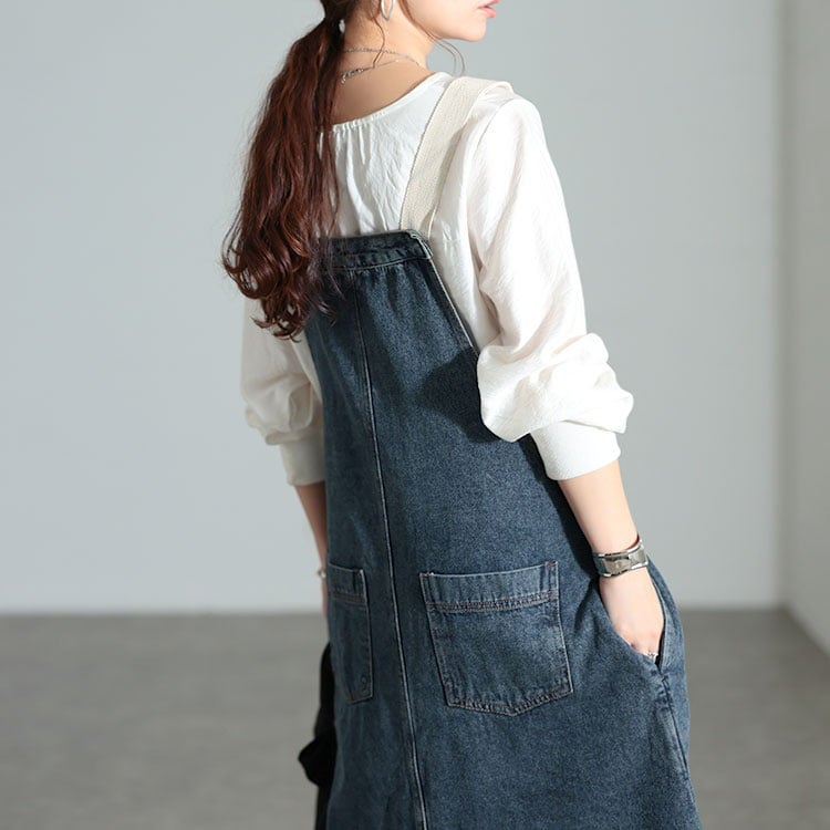 大きいサイズ レディース 配色肩紐コットンデニムサロペットスカート