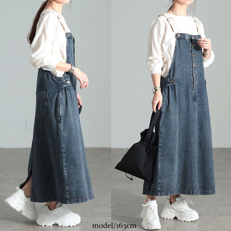 大きいサイズ レディース 配色肩紐コットンデニムサロペットスカート