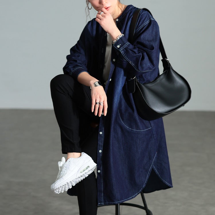 大きいサイズ レディース 配色ステッチコットンデニムチュニック