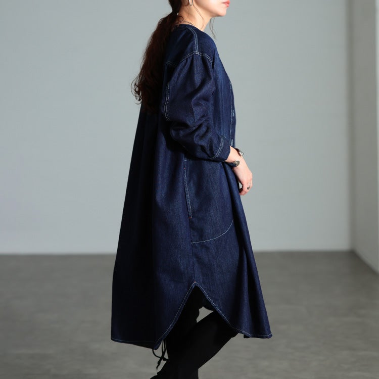 大きいサイズ レディース 配色ステッチコットンデニムチュニック