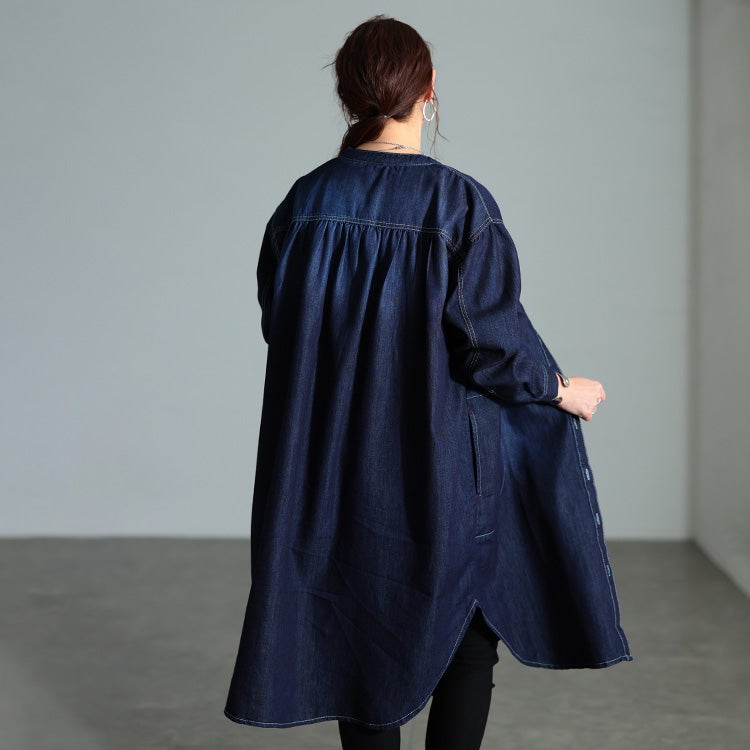 大きいサイズ レディース 配色ステッチコットンデニムチュニック