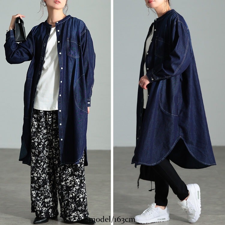 大きいサイズ レディース 配色ステッチコットンデニムチュニック