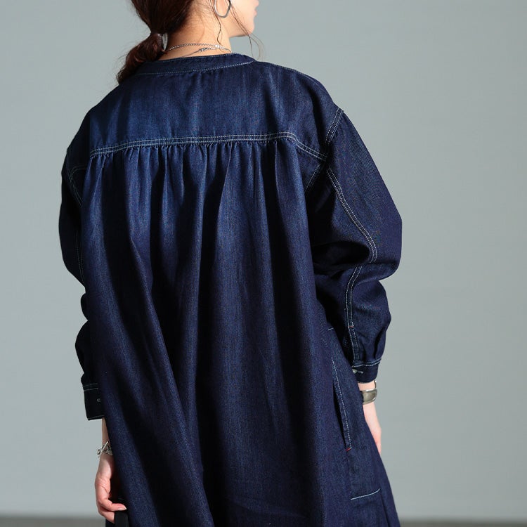 大きいサイズ レディース 配色ステッチコットンデニムチュニック