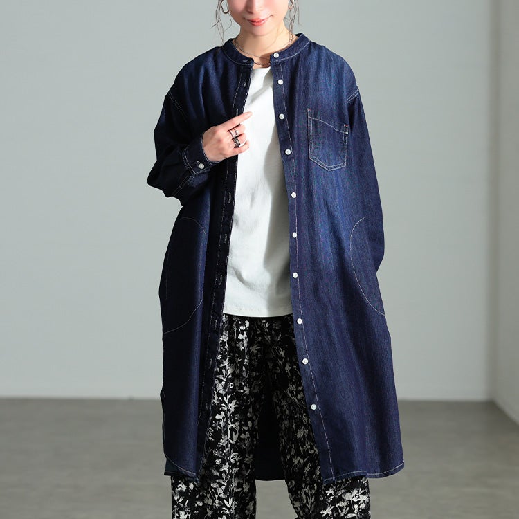 大きいサイズ レディース 配色ステッチコットンデニムチュニック