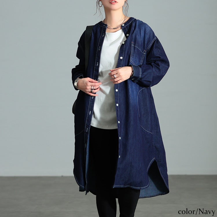 大きいサイズ レディース 配色ステッチコットンデニムチュニック ネイビー
