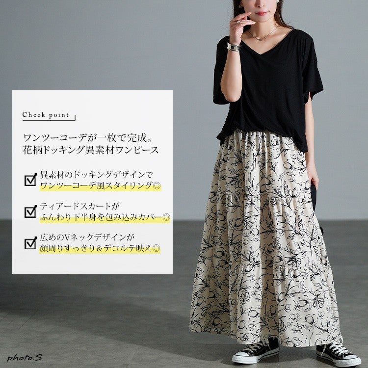 大きいサイズ レディース 冷感花柄ドッキングティアードワンピース