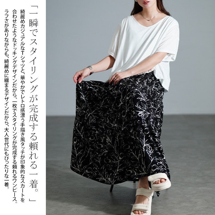 大きいサイズ レディース 冷感花柄ドッキングティアードワンピース