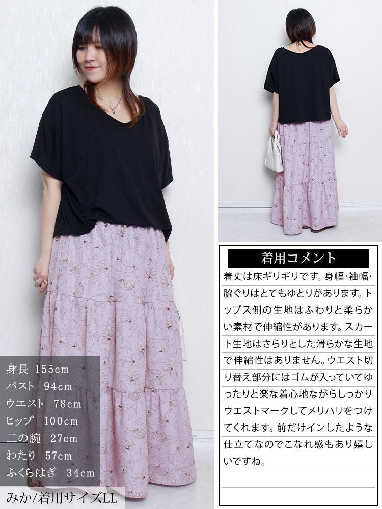 大きいサイズ レディース 冷感花柄ドッキングティアードワンピース