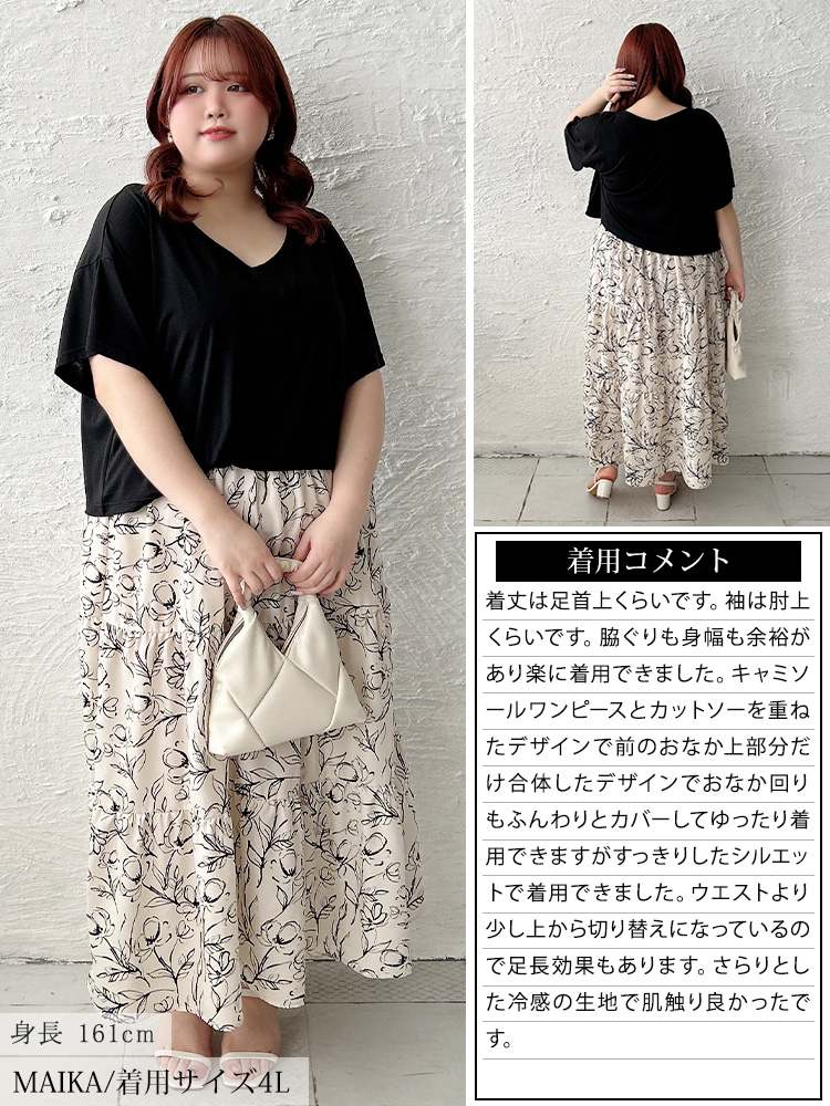 大きいサイズ レディース 冷感花柄ドッキングティアードワンピース