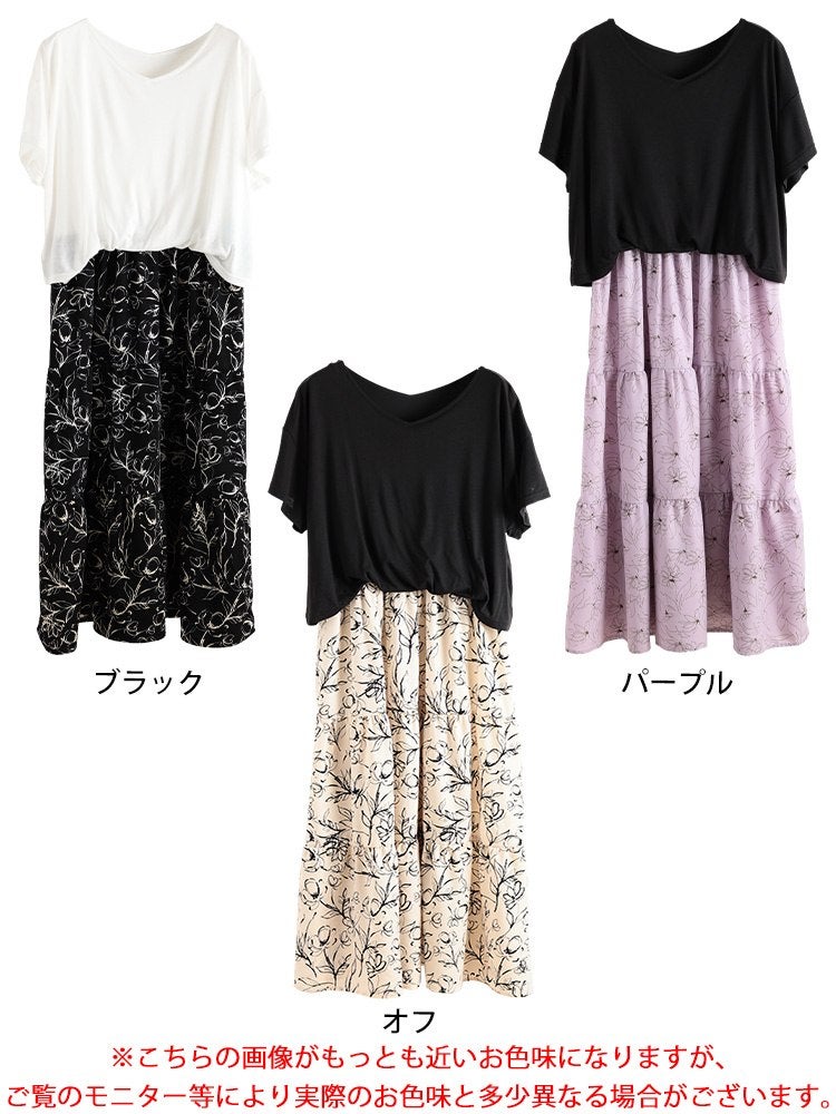 大きいサイズ レディース 冷感花柄ドッキングティアードワンピース