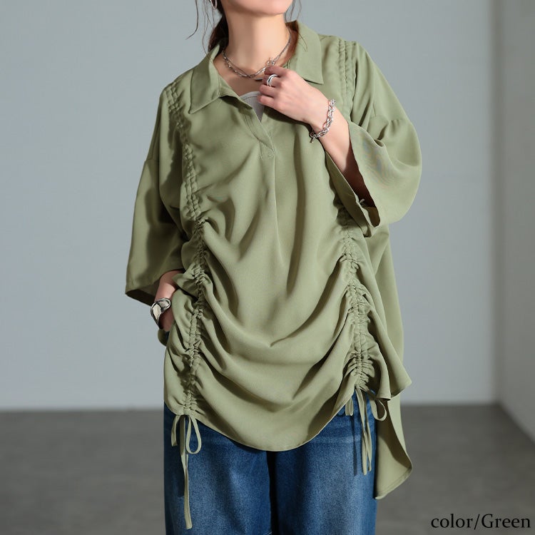 大きいサイズ レディース 冷感シャーリングオーバーシャツチュニック グリーン