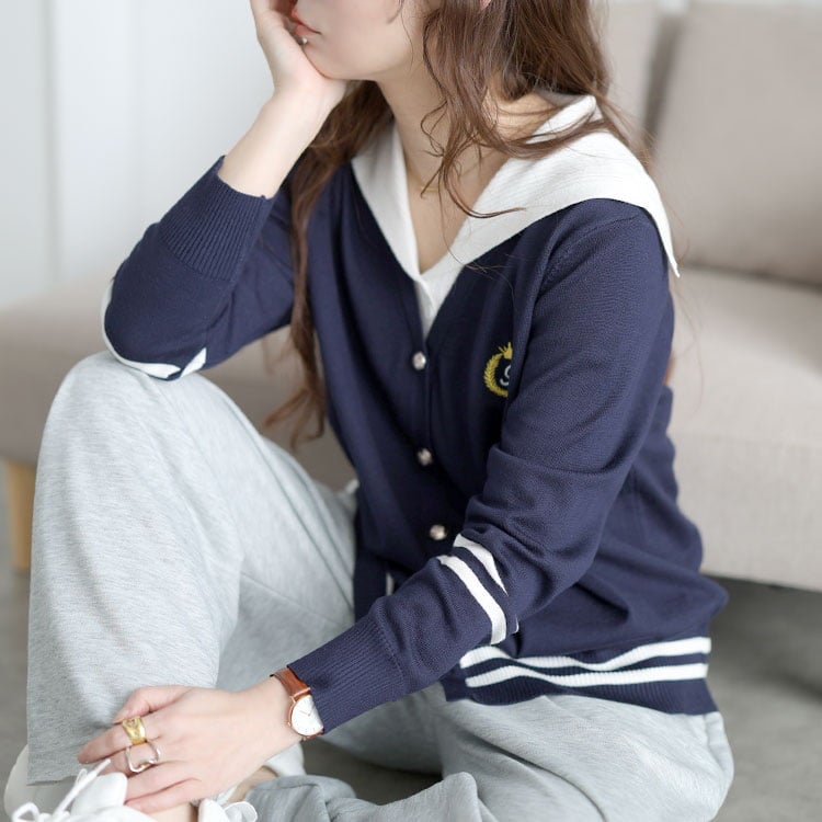 大きいサイズ レディース セーラーカラー重ね着風カーディガン