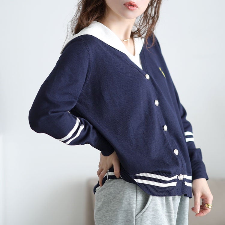 大きいサイズ レディース セーラーカラー重ね着風カーディガン