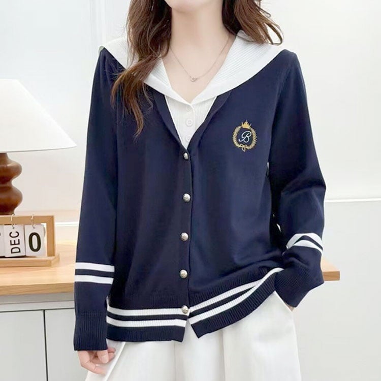 大きいサイズ レディース セーラーカラー重ね着風カーディガン ネイビー