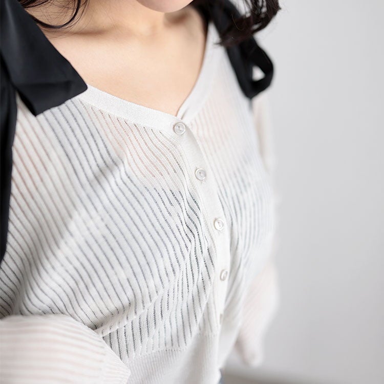 大きいサイズ レディース 透かしストライプカーディガン