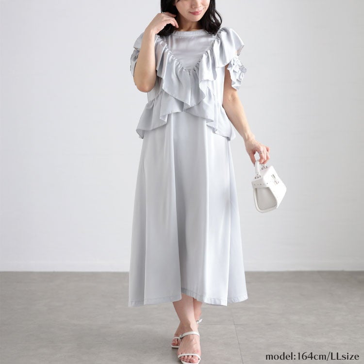 大きいサイズ レディース 前後2wayサテンフリルワンピース