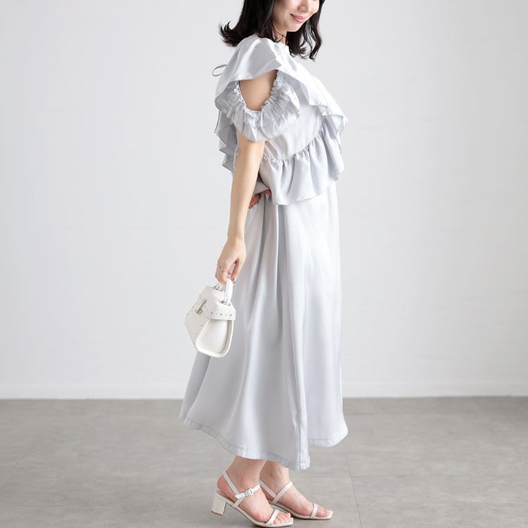 大きいサイズ レディース 前後2wayサテンフリルワンピース