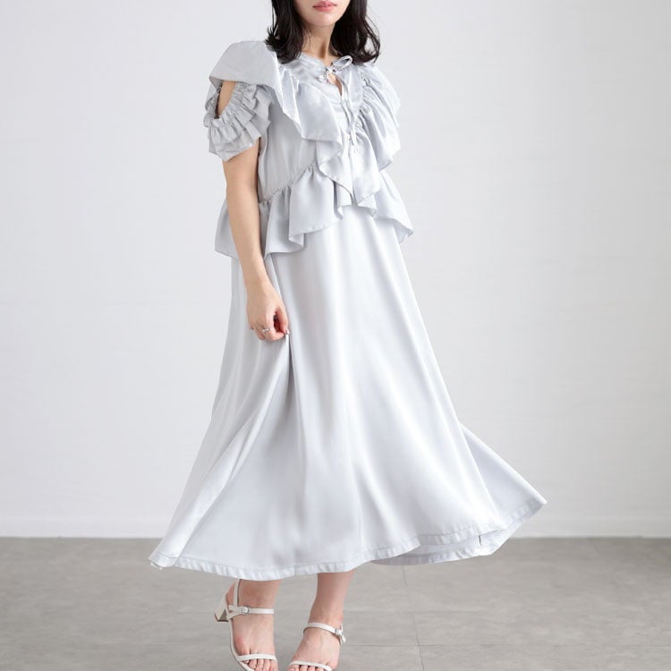 大きいサイズ レディース 前後2wayサテンフリルワンピース