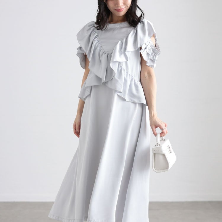 大きいサイズ レディース 前後2wayサテンフリルワンピース