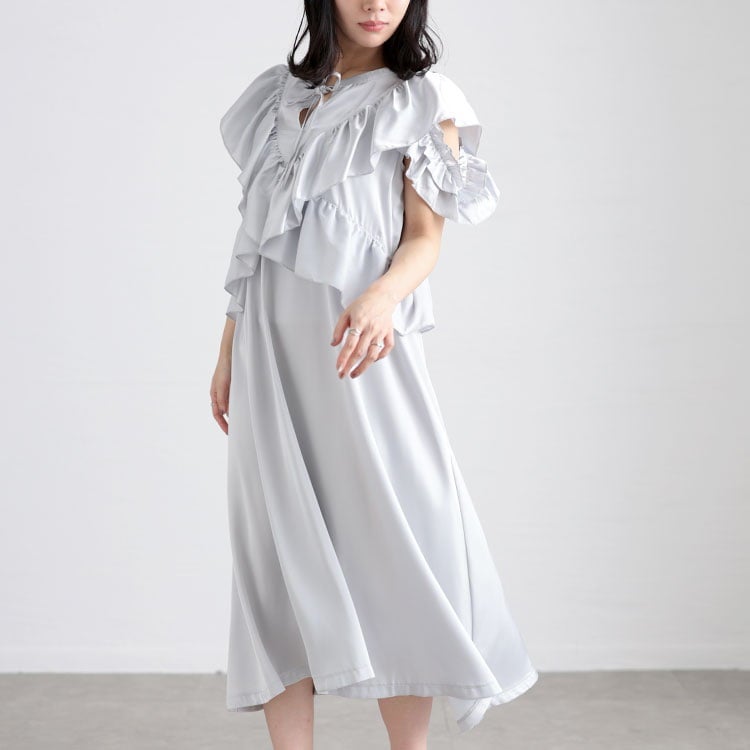 大きいサイズ レディース 前後2wayサテンフリルワンピース