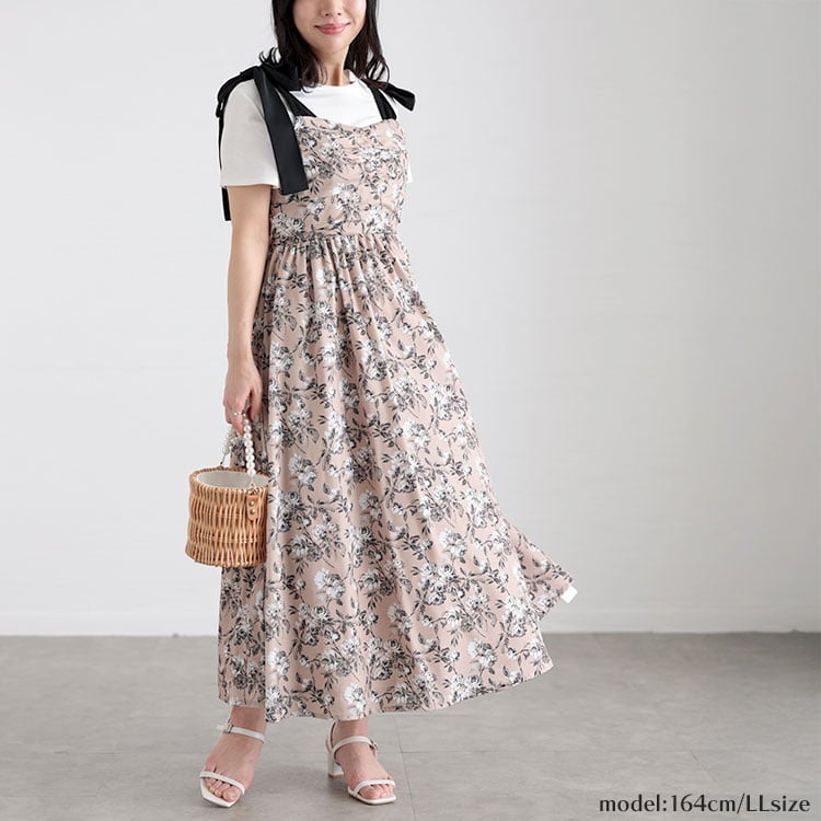 大きいサイズ レディース フラワーガーリーワンピース ベージュ