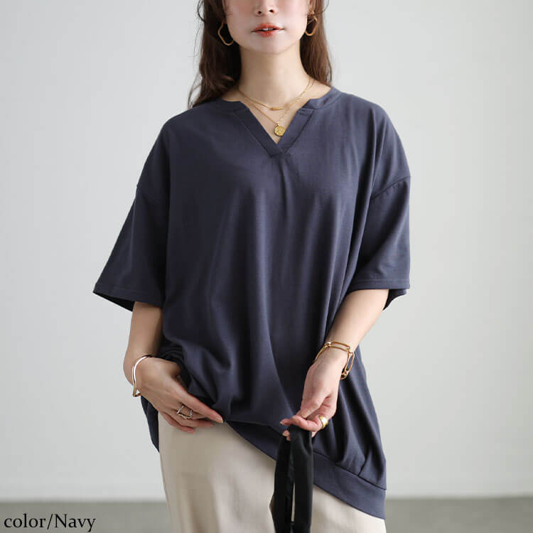 大きいサイズ レディース 冷感キーネック裾タックチュニック