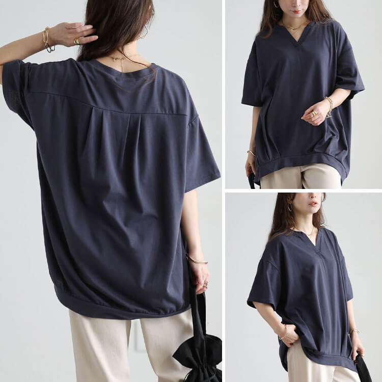 大きいサイズ レディース 冷感キーネック裾タックチュニック