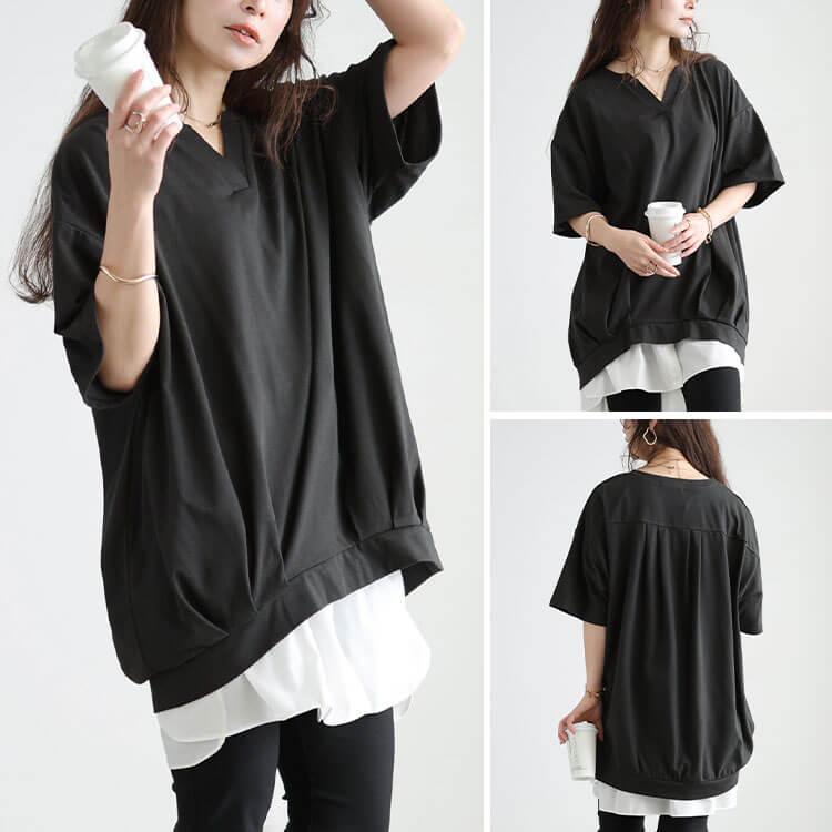 大きいサイズ レディース 冷感キーネック裾タックチュニック
