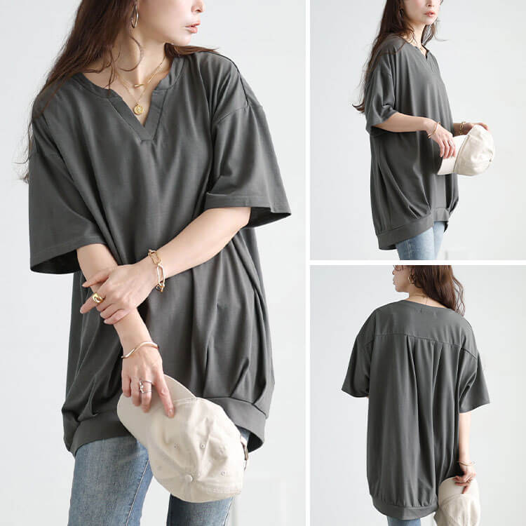 大きいサイズ レディース 冷感キーネック裾タックチュニック