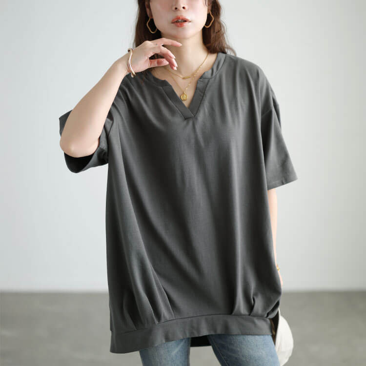 大きいサイズ レディース 冷感キーネック裾タックチュニック