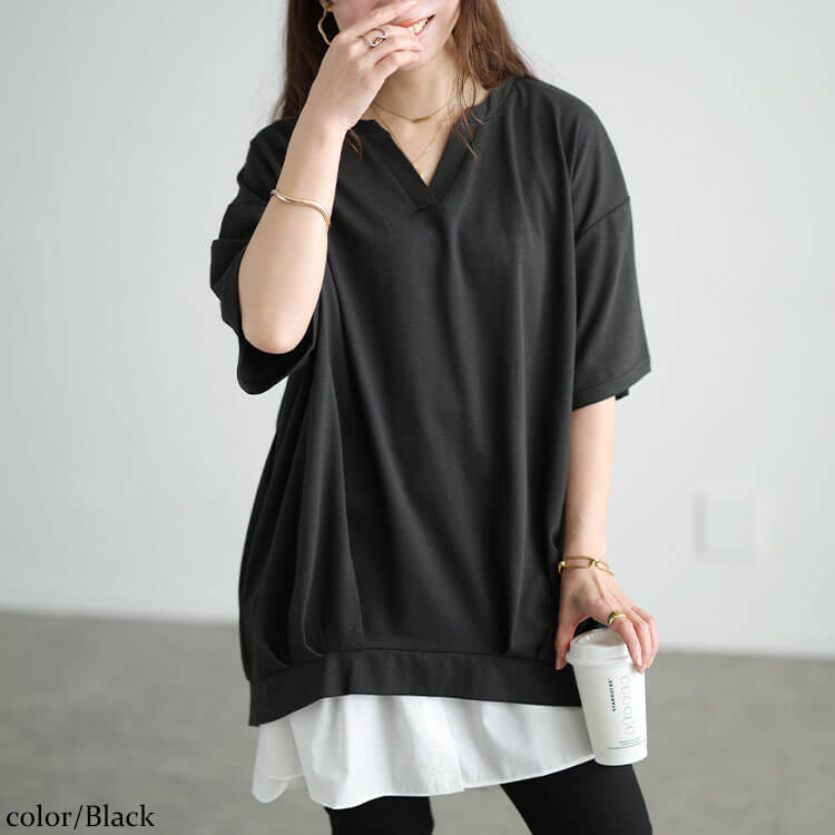 大きいサイズ レディース 冷感キーネック裾タックチュニック ブラック