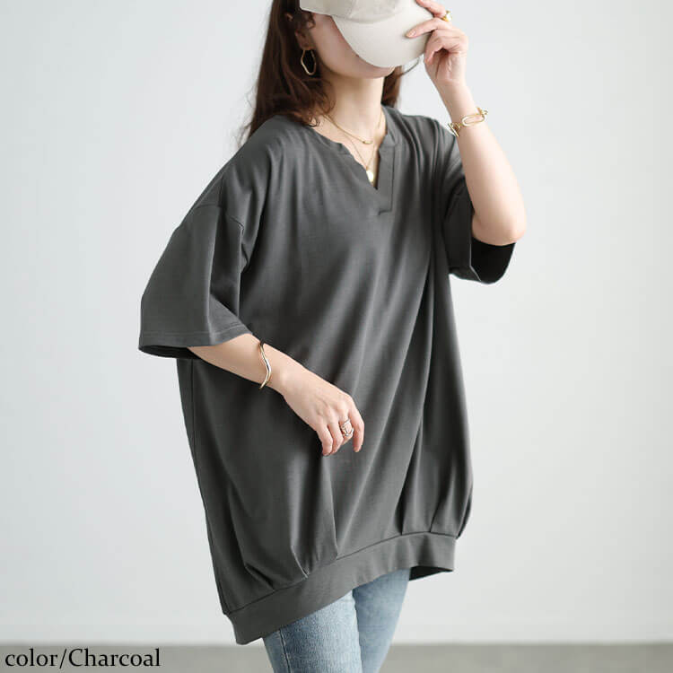 大きいサイズ レディース 冷感キーネック裾タックチュニック チャコール