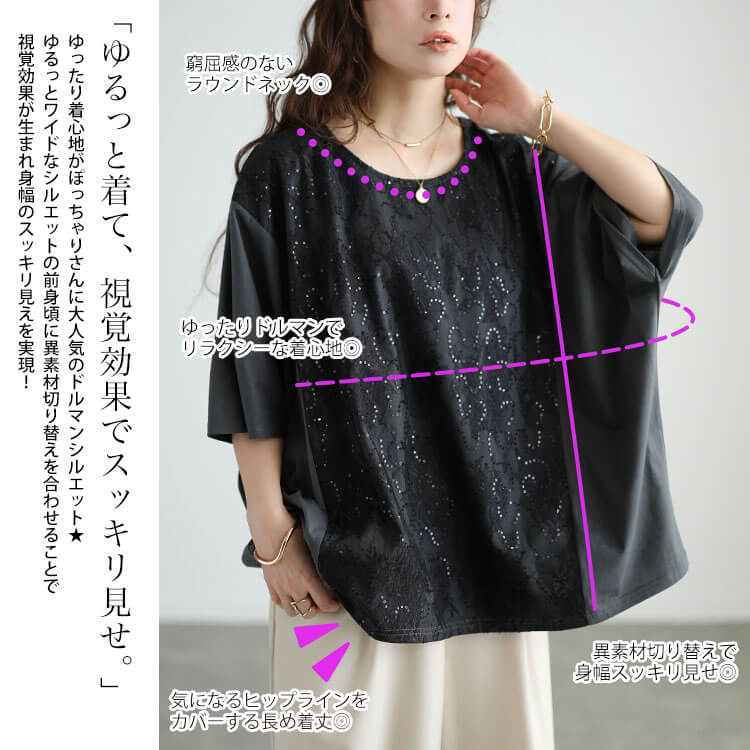 大きいサイズ レディース スパンコールレース切り替えプルオーバー